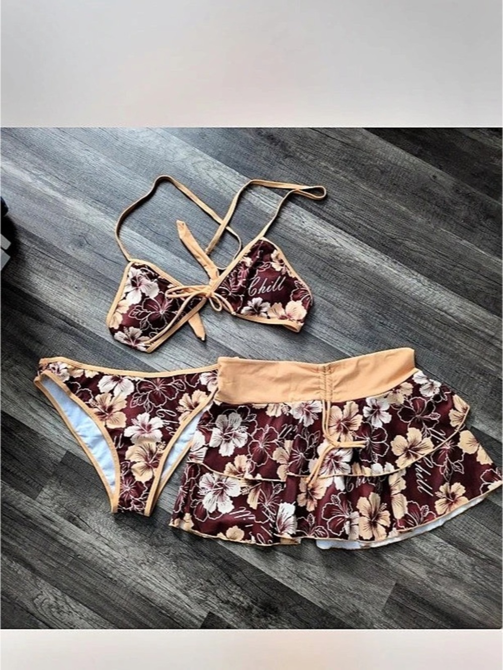 Floral Bikini Set in Brown & Pink Like New